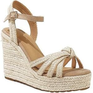 Mikarka Womens Size 8 Tan Straw Espadrille Open Toe 4" Wedge Heel Sandal Shoes